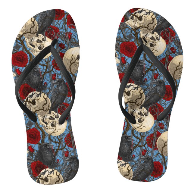 Raven's secret. Dark and moody gothic illustration Flip Flops (Footbed)