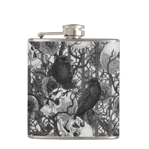 Raven's secret. Dark and moody gothic illustration Hip Flask