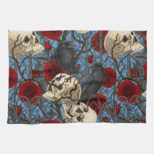 Raven's secret. Dark and moody gothic illustration Kitchen Towel