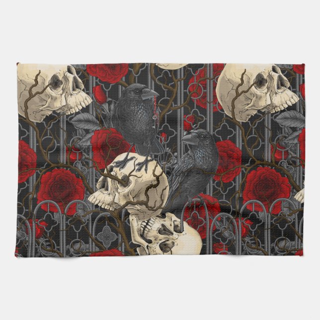 Raven's secret. Dark and moody gothic illustration Kitchen Towel (Horizontal)