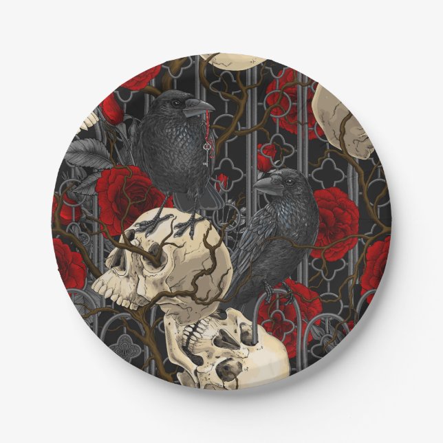 Raven's secret. Dark and moody gothic illustration Paper Plate (Front)