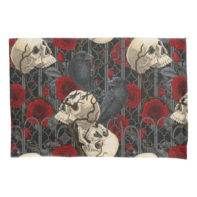 Raven's secret. Dark and moody gothic illustration Pillowcase (Front-Left)