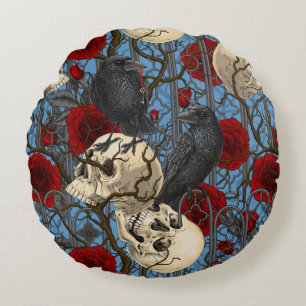 Raven's secret. Dark and moody gothic illustration Round Pillow