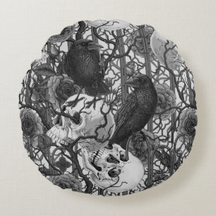Raven's secret. Dark and moody gothic illustration Round Pillow