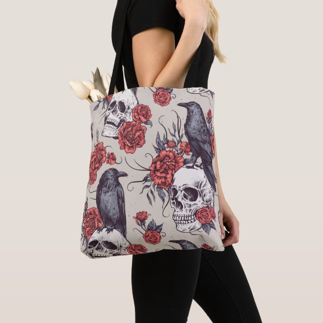 Ravens, Skulls, and Flowers Tote Bag (Close Up)