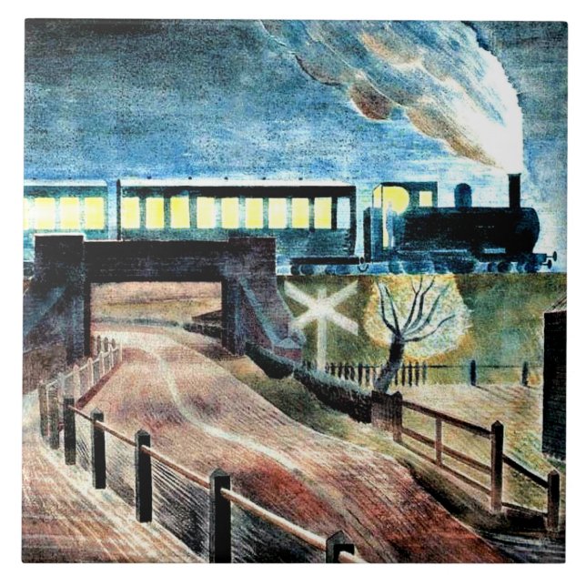Ravilious, Train Going over Bridge at Night Tile (Front)