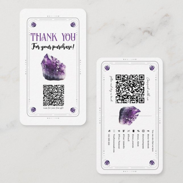 Raw Amethyst Purple Crystal Social Media QR Code Business Card (Front/Back)