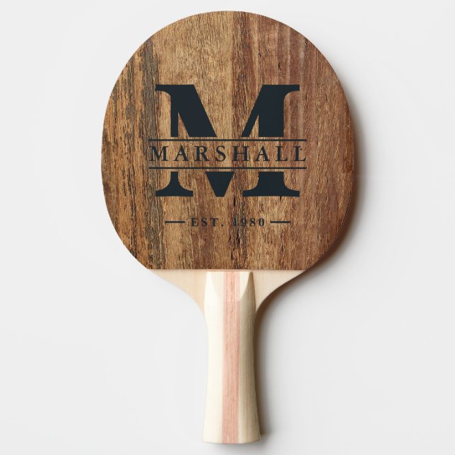 Raw Cedar Wood Monogram & Name Overlay Ping Pong Paddle (Back)