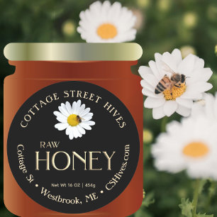 Raw Honey 3D Gold with Daisy and Bee on Black Classic Round Sticker