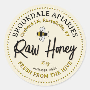 Raw Honey Label with Cute Flying Bee Yellow