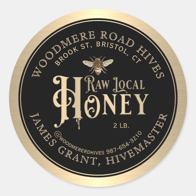 Raw Local Honey Custom Label with Bee Black Gold (Front)