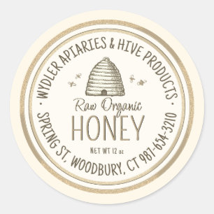 Raw Organic Honey Gold Grunge Border Skep and Bees Classic Round Sticker