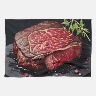 Raw Ribeye Steak Close Up Kitchen Towel