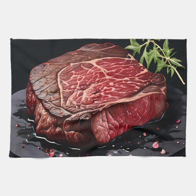 Raw Ribeye Steak Close Up Kitchen Towel (Horizontal)