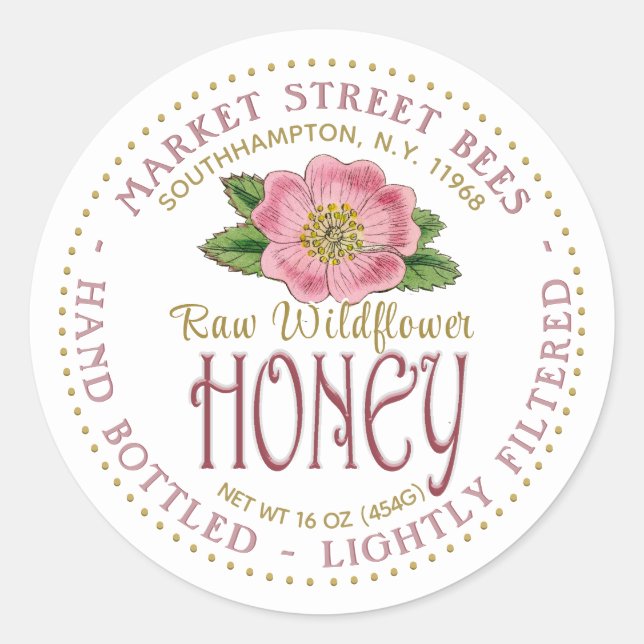 Raw Wildflower Honey Label Wild Pink Rose Flower (Front)