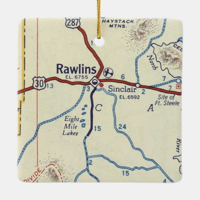 Rawlins WY Vintage Map Ceramic Ornament (Back)