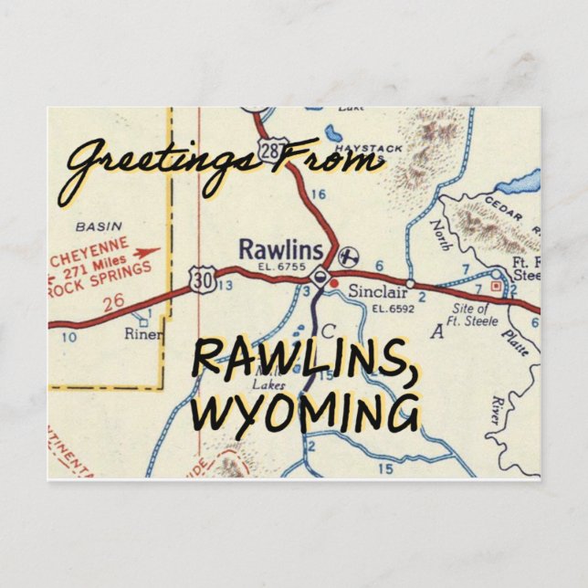 Rawlins WY Vintage Map Postcard (Front)