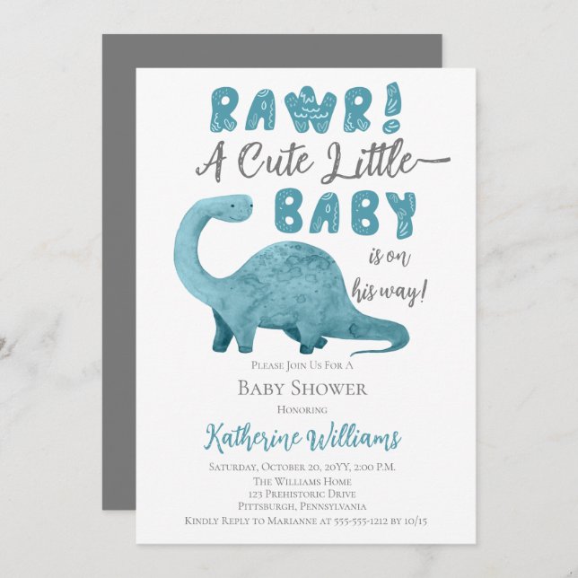 Rawr Blue Dinosaur QR Code Baby Shower Invitation (Front/Back)