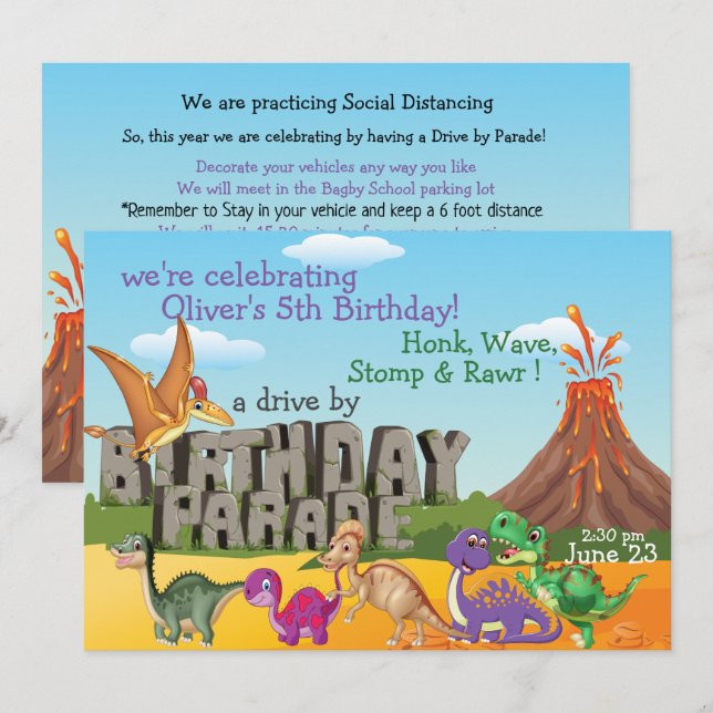 Rawr DinoDrive By Happy Birthday Parade Invitation (Front/Back)