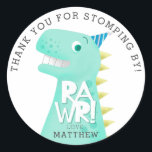 RAWR Dinosaur Birthday Party Thank You Favour Classic Round Sticker<br><div class="desc">Cute favour sticker for your child's dinosaur theme birthday party! Illustration of a green dinosaur wearing a party hat in the middle with a typography font on his body that says "RAWR!" Customize this product by adding your child's name at the bottom. The text above says "Thank you for stomping...</div>