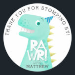 RAWR Dinosaur Birthday Party Thank You Favour Classic Round Sticker<br><div class="desc">Cute favour sticker for your child's dinosaur theme birthday party! Illustration of a green dinosaur wearing a party hat in the middle with a typography font on his body that says "RAWR!" Customize this product by adding your child's name at the bottom. The text above says "Thank you for stomping...</div>