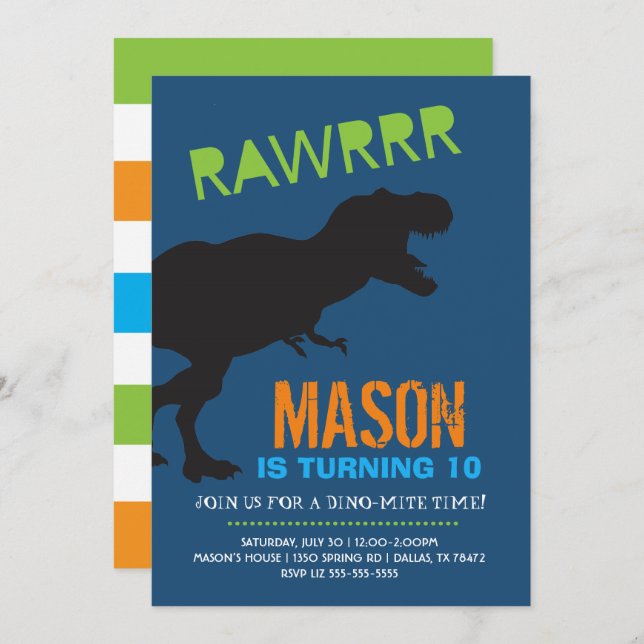 Rawr Dinosaur Boy Invitation de fête d'anniversair (Devant / Derrière)