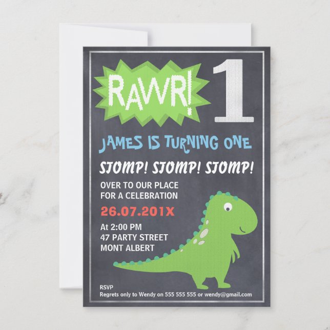 Rawr Dinosaur Chalkboard 1st Birthday Invitation (Front)