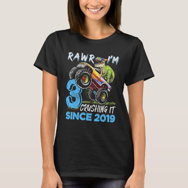 Rawr I'm 3 Monster Truck Dinosaur 3rd Birthday Par T-Shirt (Front)