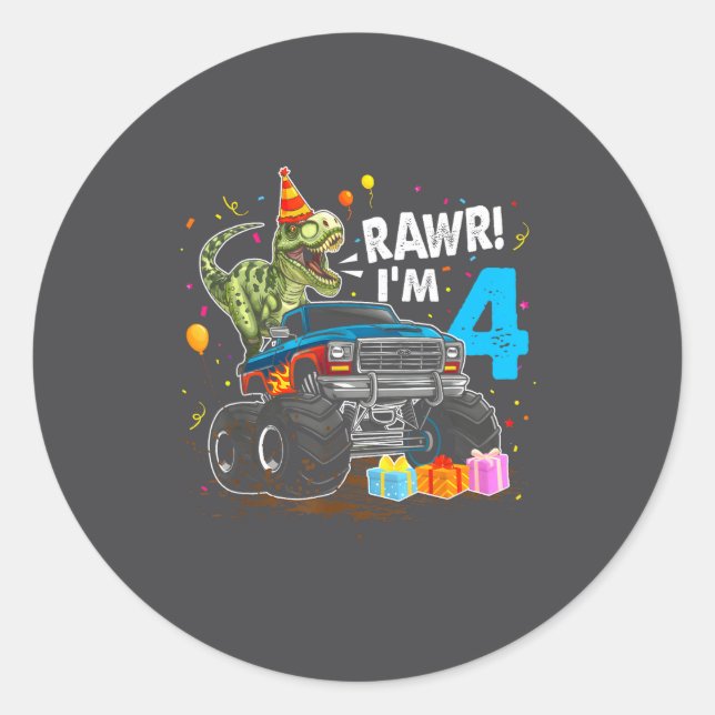 Rawr I'm 4 4th Birthday T Rex Dinosaur Funny Party Classic Round Sticker (Front)
