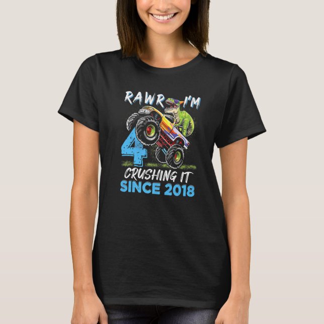 Rawr I'm 4 Monster Truck Dinosaur 4th Birthday Par T-Shirt (Front)