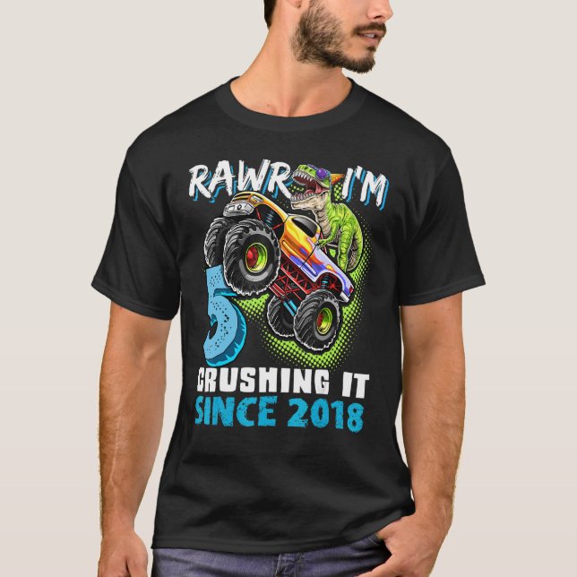 Rawr I'm 5 Monster Truck Dinosaur 5th Birthday Par T-Shirt (Front)