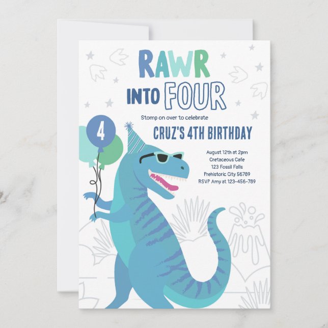 Rawr Into Four T-Rex Dinosaur 4th Birthday Party  Invitation (Front)