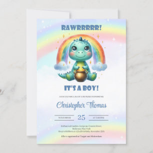 Rawr it's a boy watercolor dinosaur with rainbow invitation