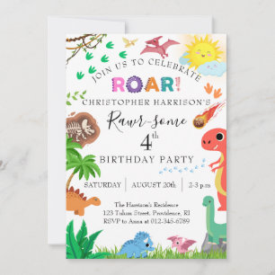 Rawr-some Dinosaur 4th Birthday Party Invitation