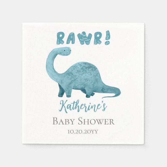 Rawr Teal Blue Dinosaur Boy Baby Shower  Napkins (Front)