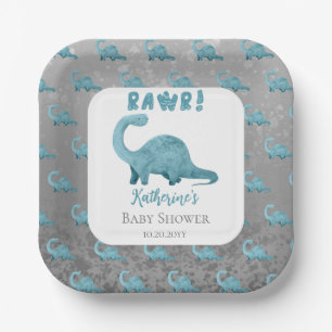 Rawr Teal Blue Dinosaur Boy Baby Shower  Paper Plate