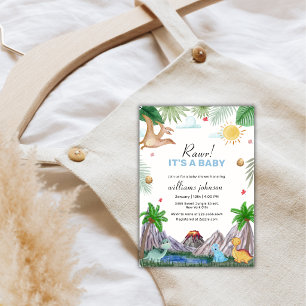 Rawr Volcano Mountain Forest Dinosaur Baby Shower Invitation