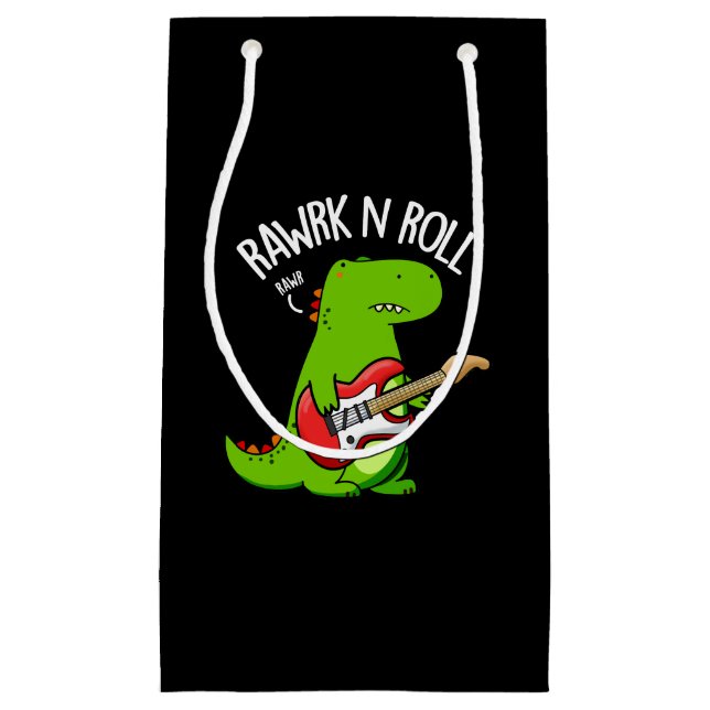 Rawrk And Roll Funny Rocker Dinosaur Pun Dark BG Small Gift Bag (Front)