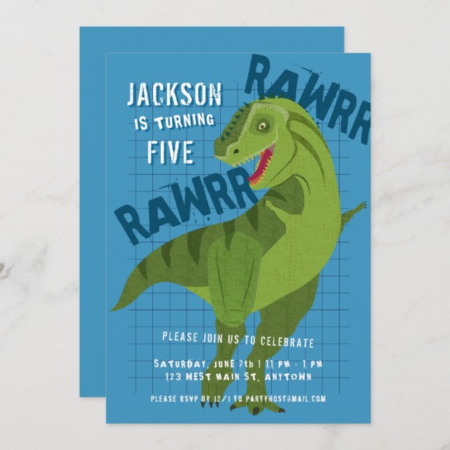 RAWRR Dinosaur T-REX Kids Boys Blue Birthday Party Invitation (Front/Back)