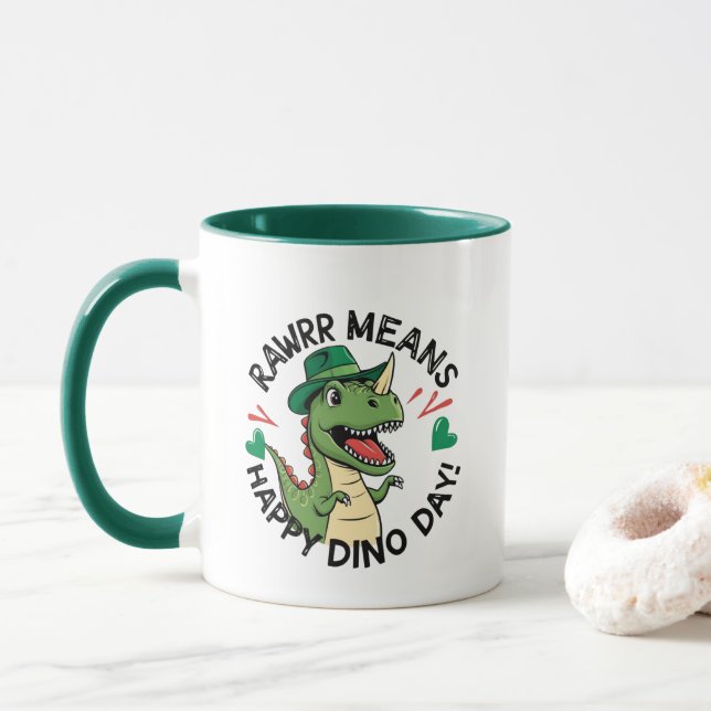 Rawrr Means Happy Dino Day Mug (With Donut)