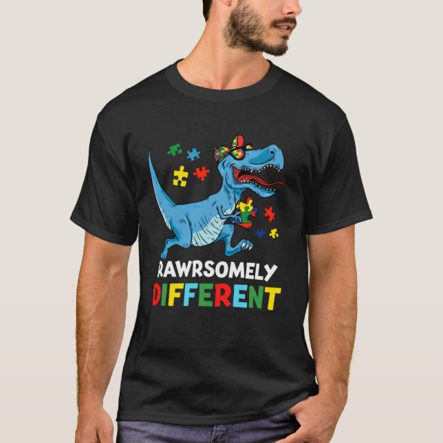 Rawrsomely Different Autism Awareness Puzzle Dinos T-Shirt (Front)