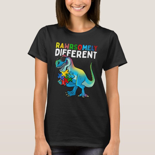 Rawrsomely Different Dinosaur Autism Awareness Puz T-Shirt (Front)