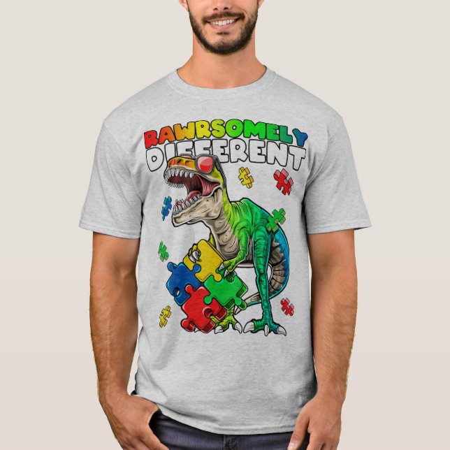 Rawrsomely different dinosaur autism awareness top (Front)