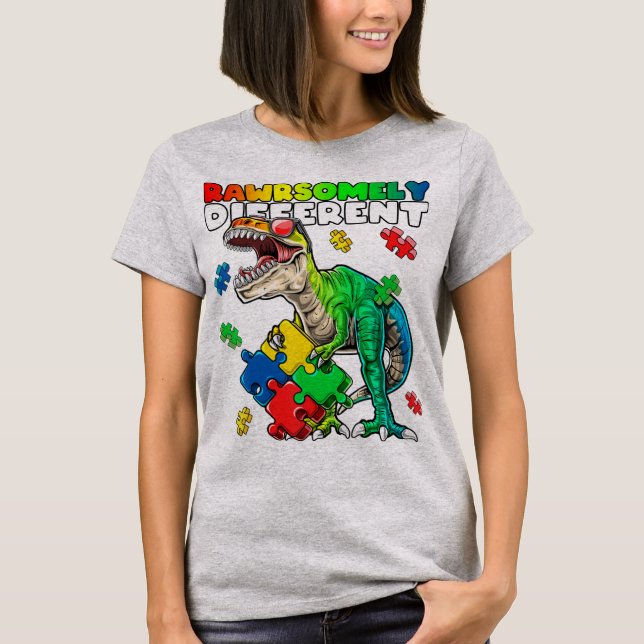 Rawrsomely different dinosaur autism awareness top (Front)