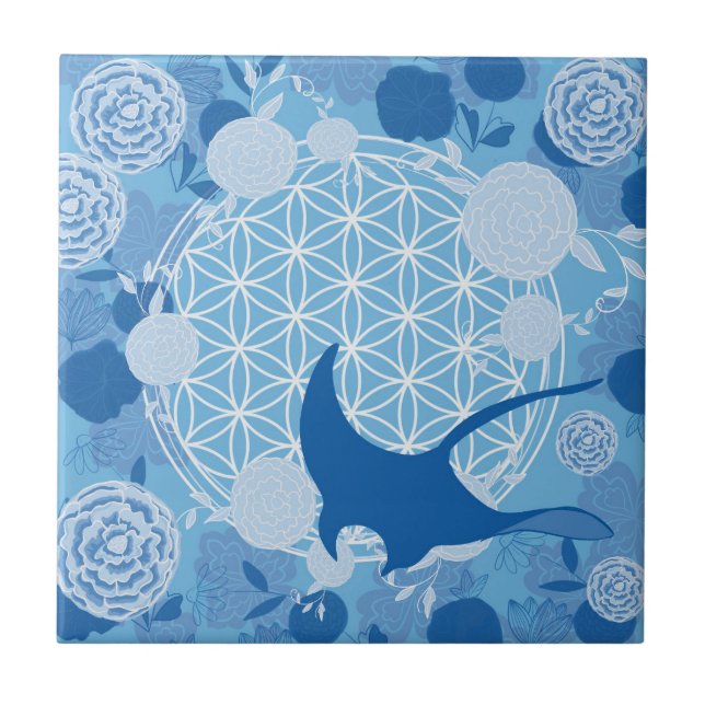 ray,flower of life, blue, mandala,zen,chakra,patte tile (Front)