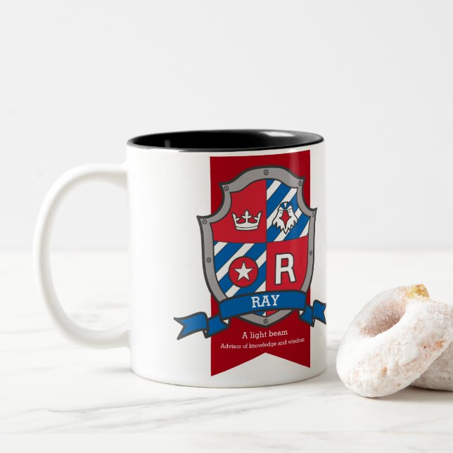 Ray name meaning letter R bird red blue Two-Tone Coffee Mug (With Donut)
