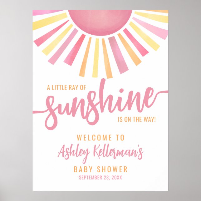 Ray Of Sunshine Pink Sun Baby Shower Welcome Sign (Front)