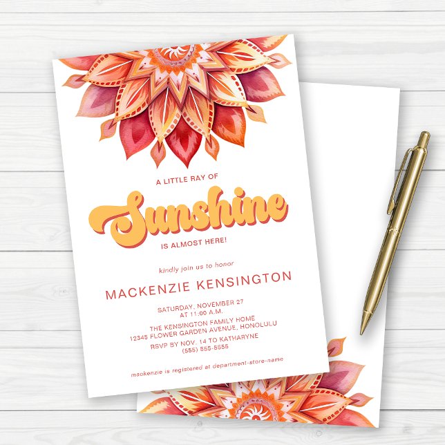 Ray of Sunshine Pink Yellow Retro Boho Baby Shower Invitation (Little Ray of Sunshine Retro Boho Baby Shower Invitation)