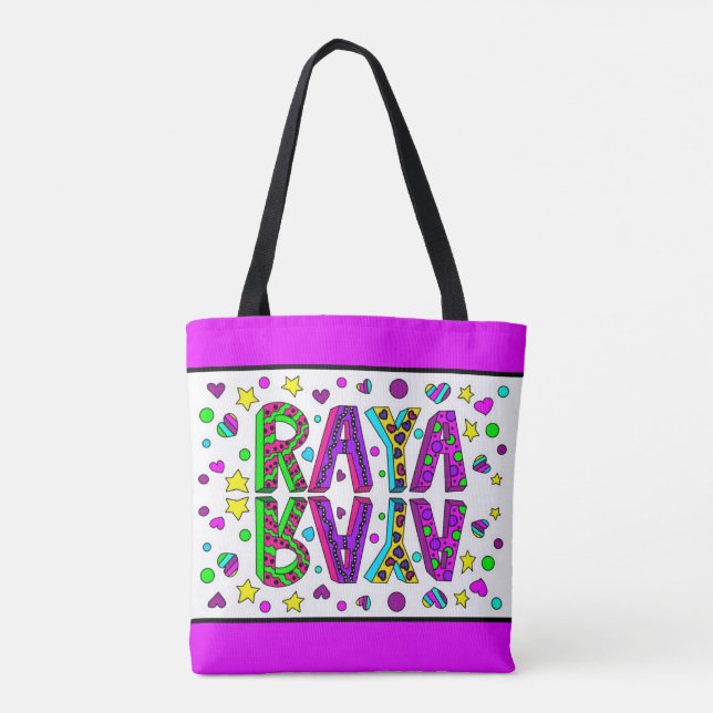 Raya, Girl's  Name Hearts and Stars Colourful Tote (Back)