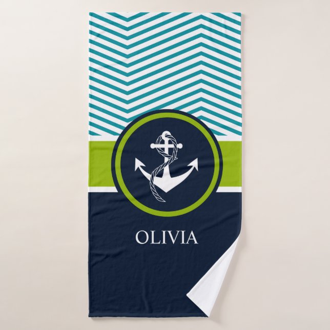 Rayé, monogramme, élégant, nautique, moderne, (Serviette de bain)